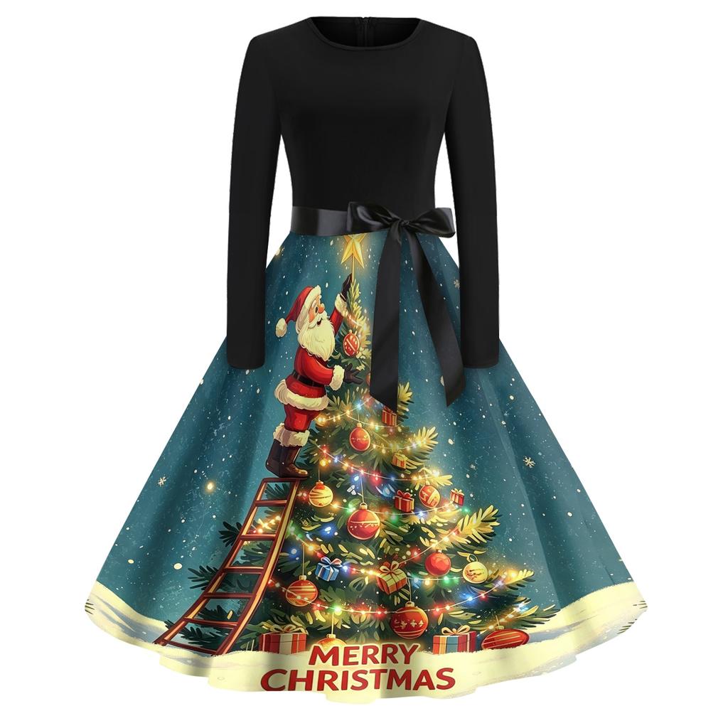 Women's Casual Vintage V-Neck Dress with Christmas Snowflake and Tree Print