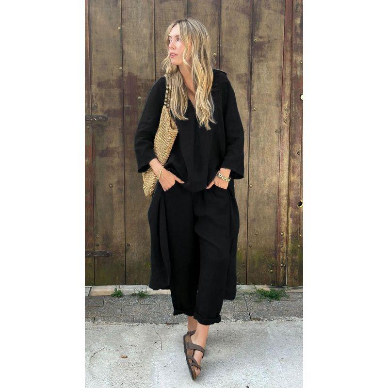 

European and American Women 2-Piece Set Plus size Shirts Set High Waist Loose Trousers Set Black S