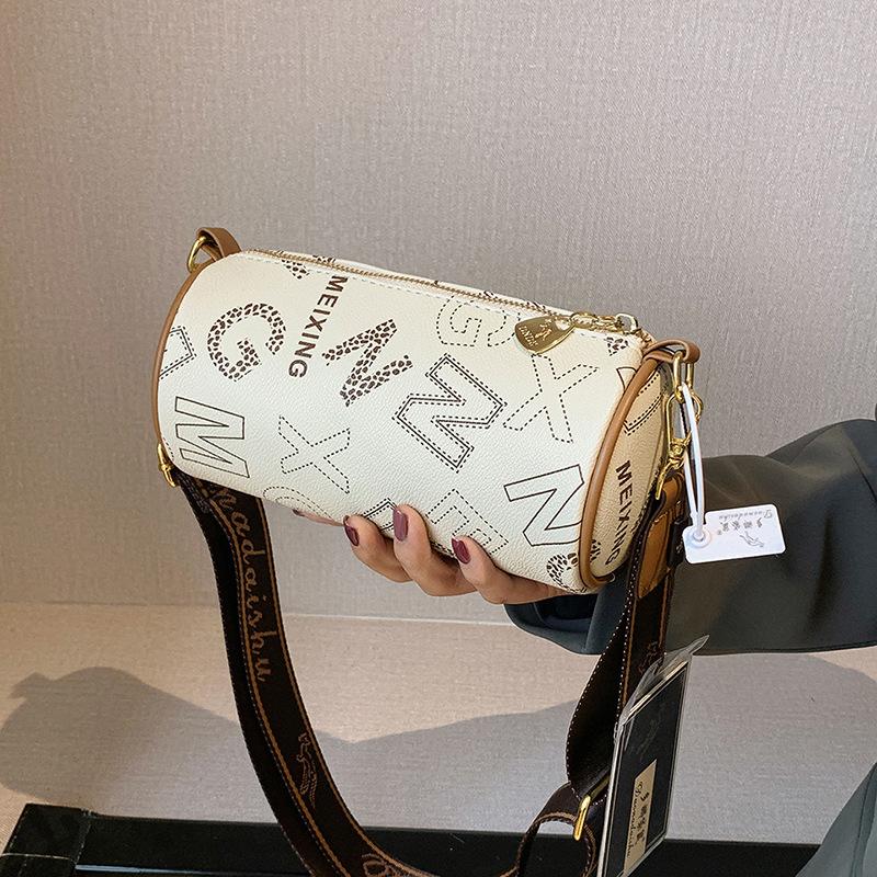 Soft Leather Crossbody Bags For Women Fashion Printed Cylindrical Barrel Messenger Bag Ladies Wide Strap Shoulder Bag