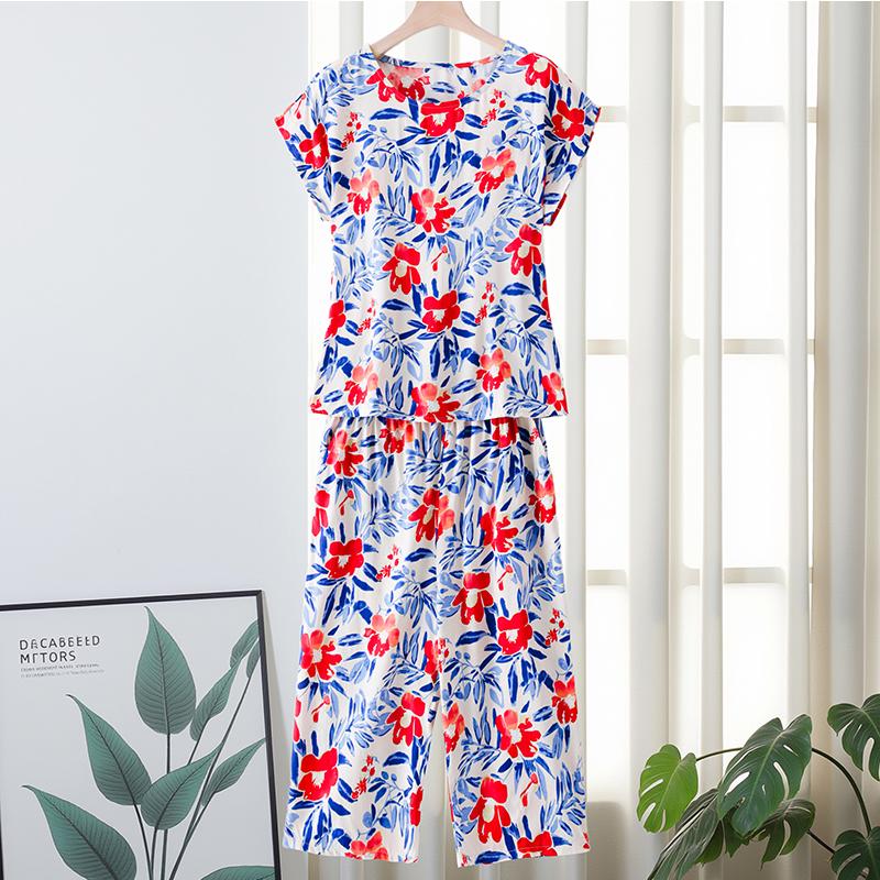 Plus Size Women Two Peice Sets Summer Loose Elegant High Waist Pant Sets Female Casual Vintage Print Oversize Suit