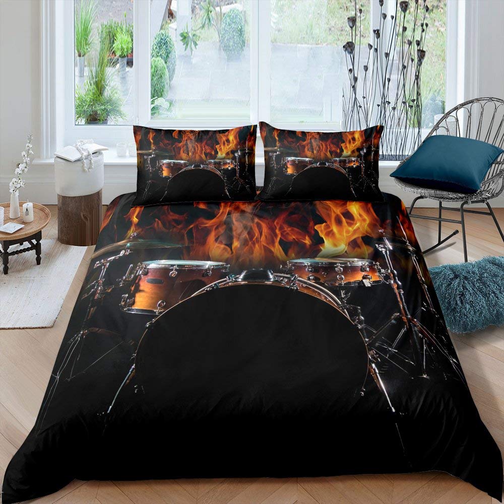 Rockmusik Weiß und Schwarz Bettbezug Doodle Zeichnung Skizze Schlagzeuger Musikalische Inspirationen Monochromes Arrangement Dekorativ Kinder