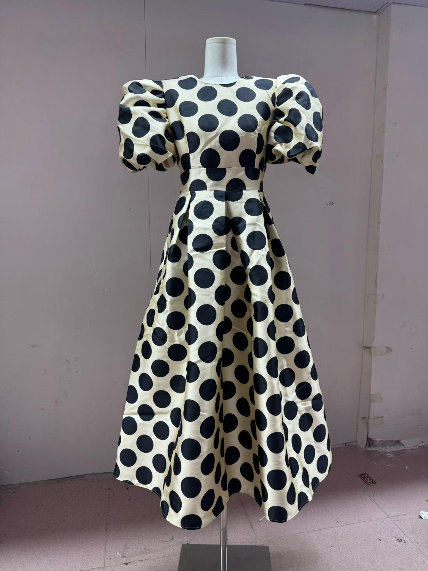 Retro European & American Polka Dot Puff Sleeve Waist-Cinching Dress S чёрный