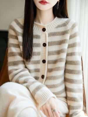 Women's Striped Loose Wool Cashmere Cardigan - Retro, Casual, Fashionable Autumn/Winter Sweater