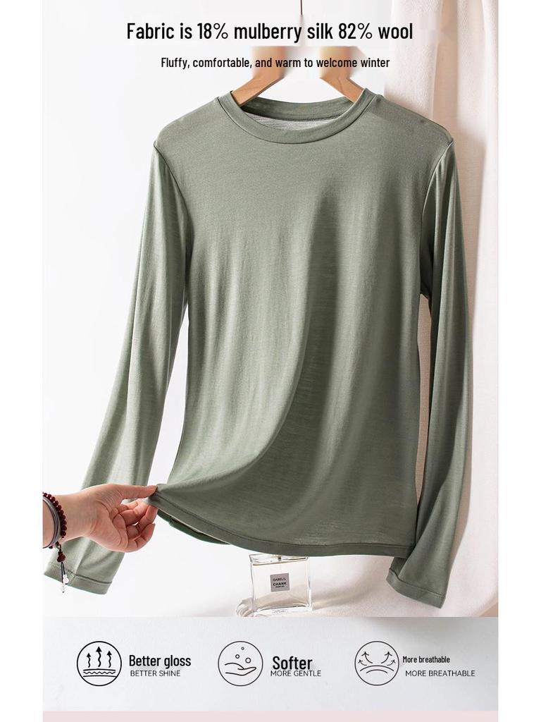 2025 Autumn Slimming Round Neck Silk Wool T-Shirt - Warm, Skin-Friendly, Solid Color