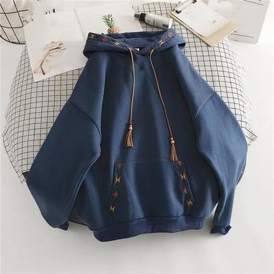 Women's Loose Hooded Casual Sweatshirt Embroidered Pullover Cozy Top