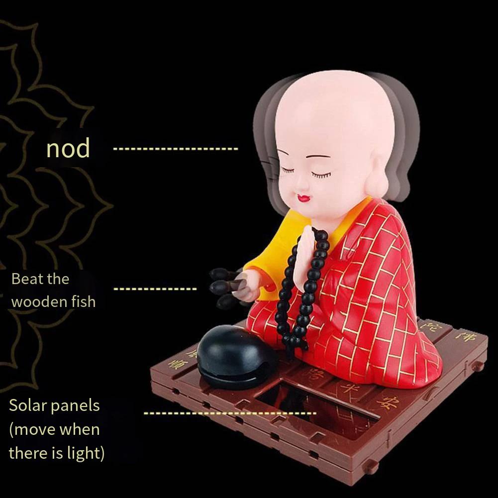 1pcs Solar Powered Bobble Shaking Head Monk Ornaments Buddhist Monk Figurines Statues Car Home Office Decorations