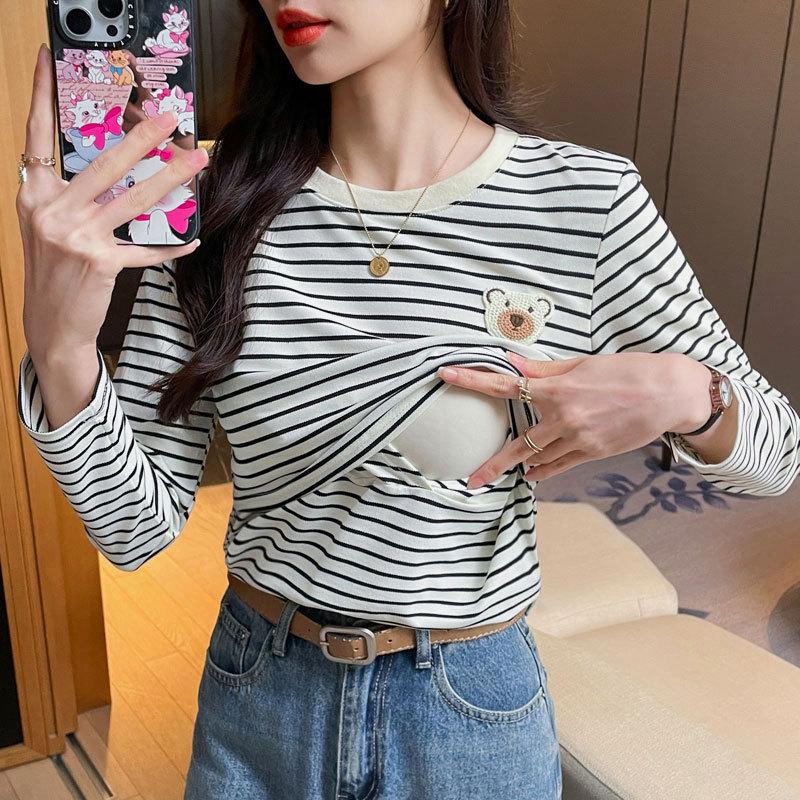 Striped Long-Sleeve Nursing Top for Stylish Moms, Postpartum Maternity Slimming Base Layer XL