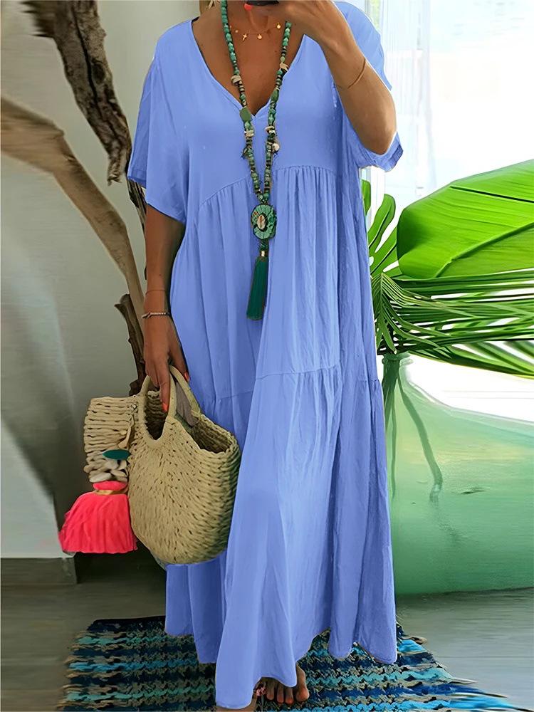 

2026 Spring/Summer V-Neck Irregular Multicolor Long Swing Dress - European & American Style S светло-синий