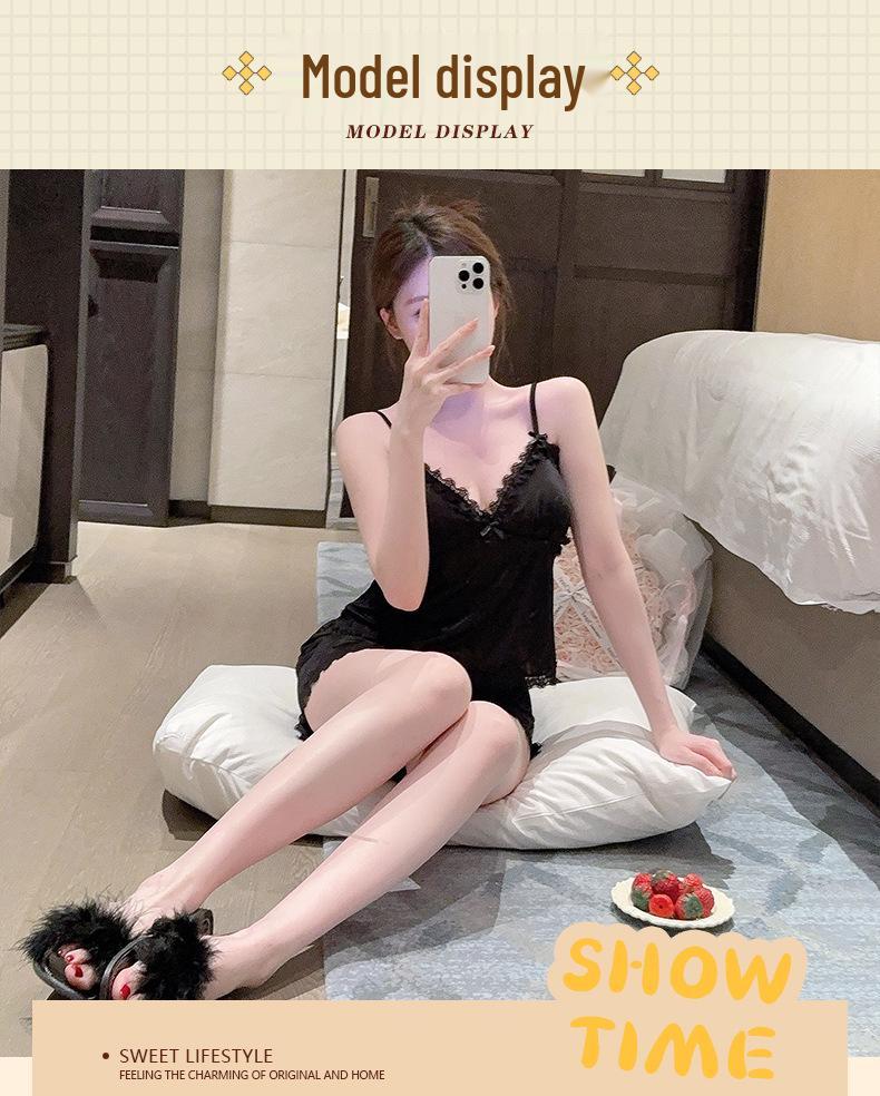 Women's Black Lace Trim Sexy Camisole & Shorts Pajama Set with Chest Pads - Summer New Arrivals