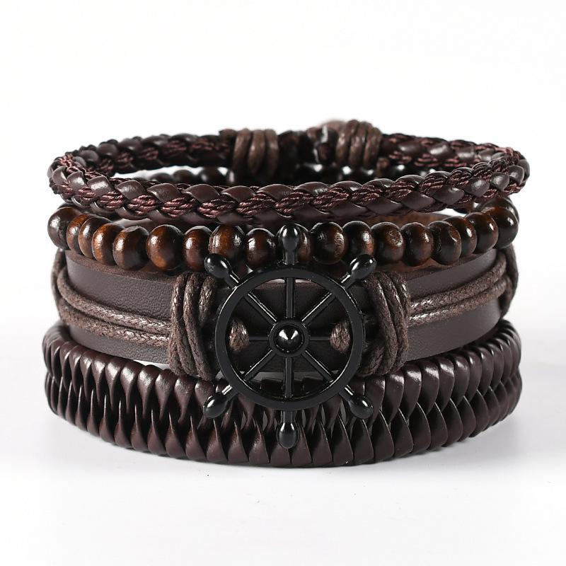 4-Piece DIY Weaving Bracelet Set: Fashionable Black & Brown Ship Wheel Cowhide Bracelets for Men & Women, Retro Style Jewelry.