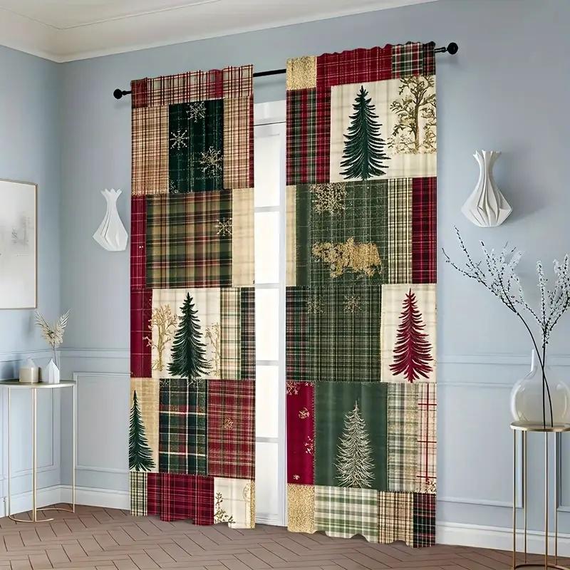 Weihnachtsdekoration-2 Stück-Weihnachtliche karierte Vorhänge, geeignet für Schlafzimmer, Wohnzimmer, Heimdekoration, Fensterdekoration