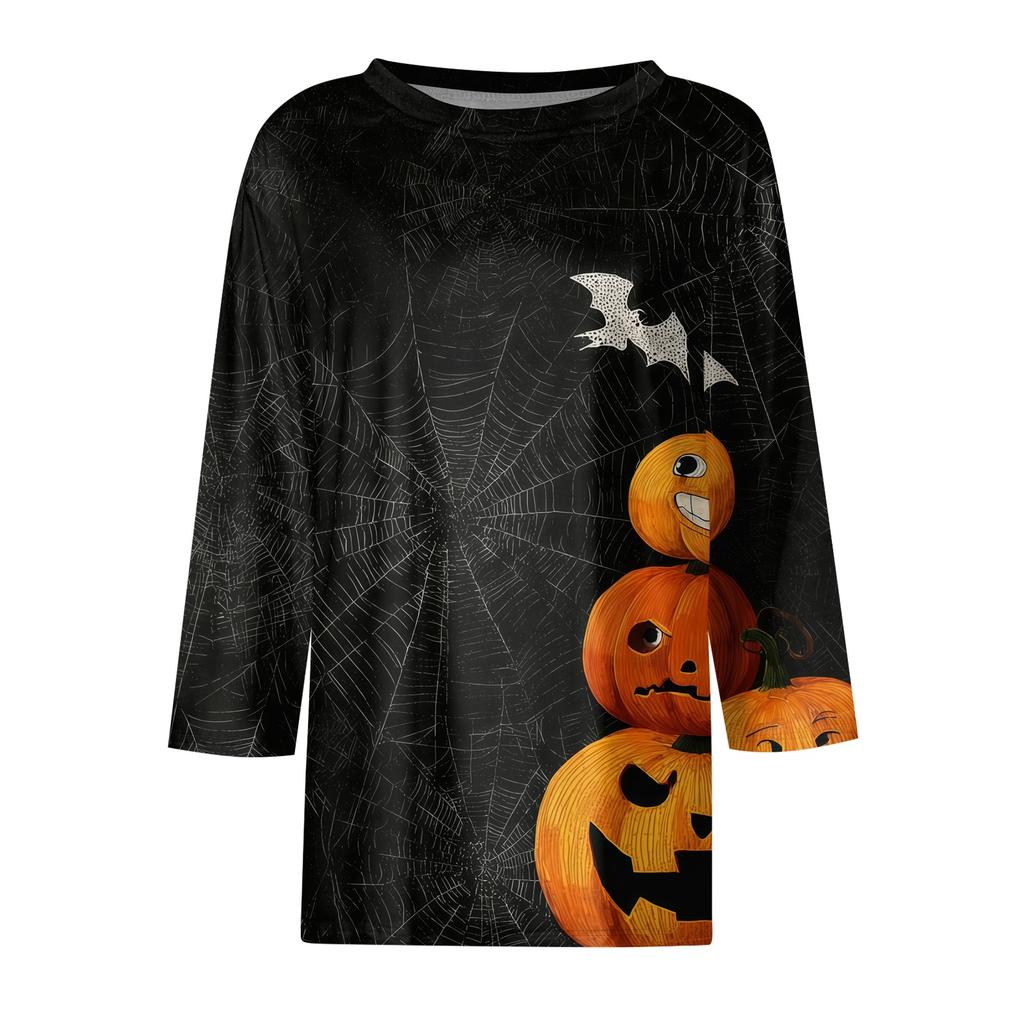 Women's Halloween Print T-Shirt Loose Fit Round Neck Three Quarter Sleeve Casual Shirt with Pumpkin and Bat Design for Seasonal Wear