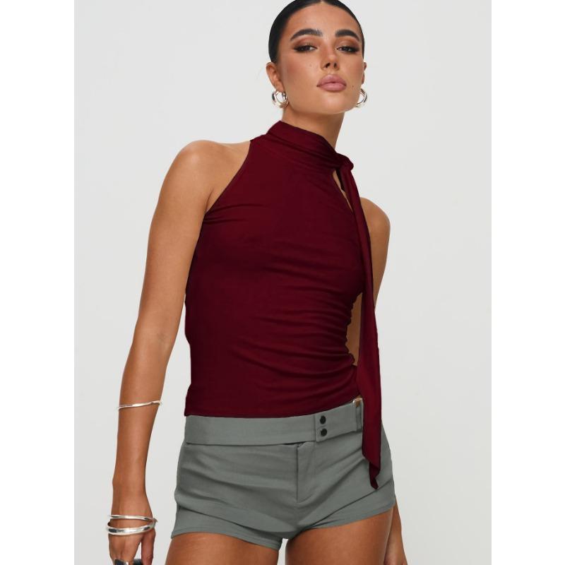 

Женская летняя однотонная футболка без рукавов с высоким воротом и завязками-лентами для женщин L бордовый