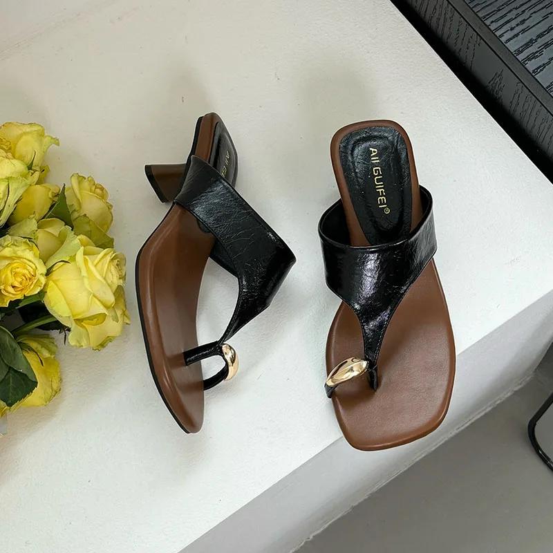 Fashion Metal Women Heels Slippers Sandals Shoes Female Flip flops Footwear Square Toe Ladies Heeled Slippers Slides Shoes