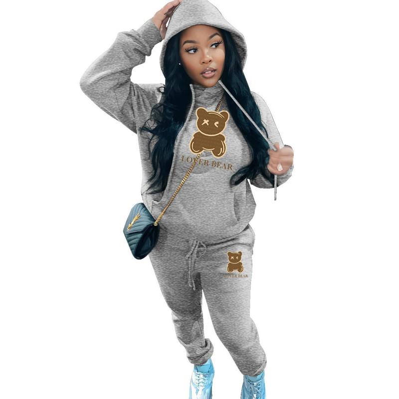 Womens Comfortable Hooded Sweatshirt Jogger Pants Set With Bear Print Color-Block Design Streetwear