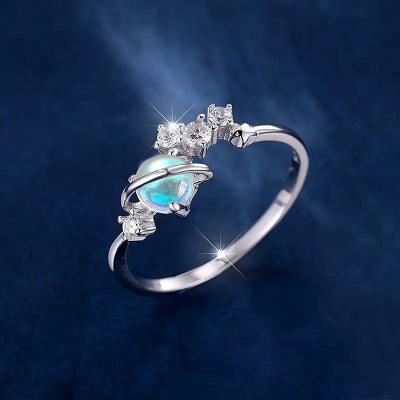 Cao Shi Geometric Planetary Ring: European & American Style, Moonstone-Inspired Design for Women