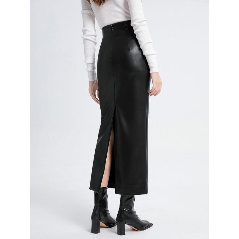 Women's Black High Waist Faux Leather Bodycon Midi Pencil Skirt with Back Vent