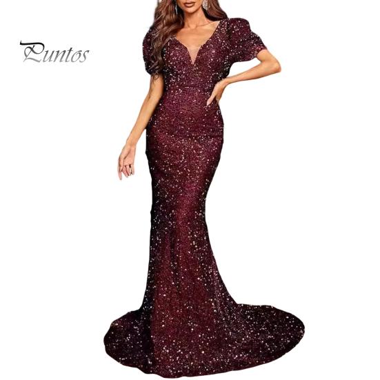 Women Evening Dress Shimmering Sequin Short Bubble Sleeves V Neck Slim Fit Floor Length Big Bow At Back Mid Waist Cocktail Party Wedding Banquet Maxi