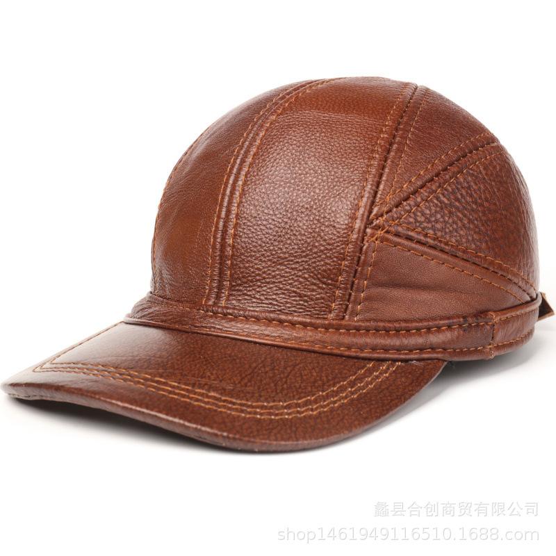Korean Genuine Leather Cap - Autumn Winter Warm Cowhide Baseball Hat with Ear Flaps, Middle Aged Men Outdoor
