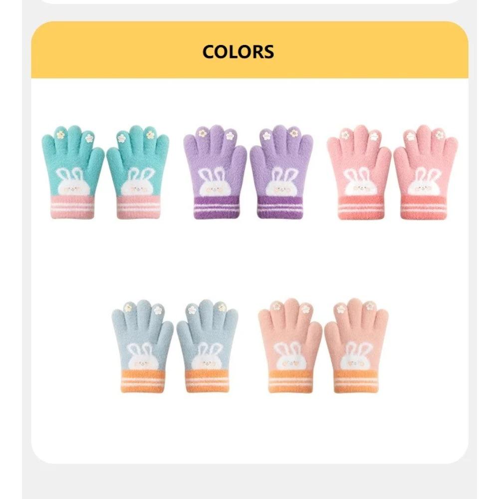 5 Colors Winter Kindergarden Kids Five-Finger Cartoon Knitted Gloves Girls Warm Thickened Plush Gloves Cute Bunny Gloves 3-5Y