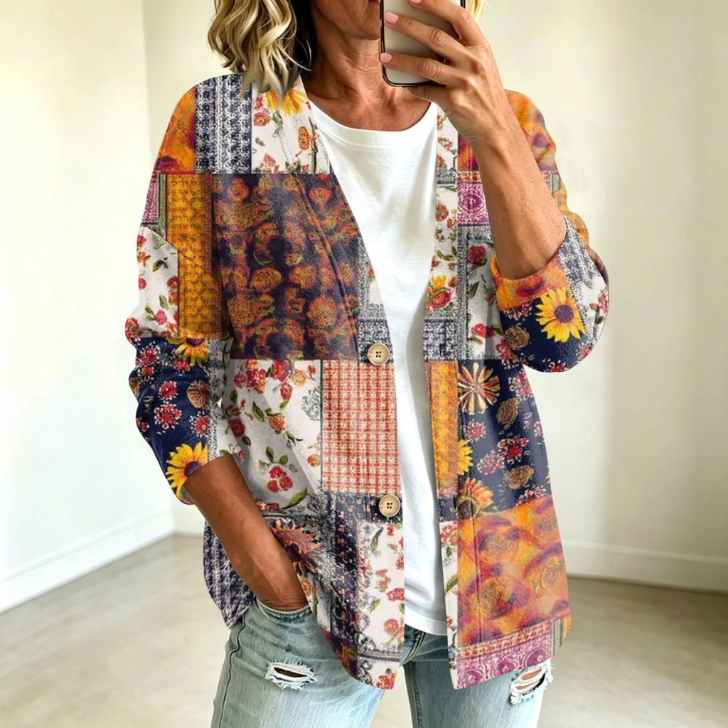 Women's fashionable casual buttoned patchwork fabric printed coat
