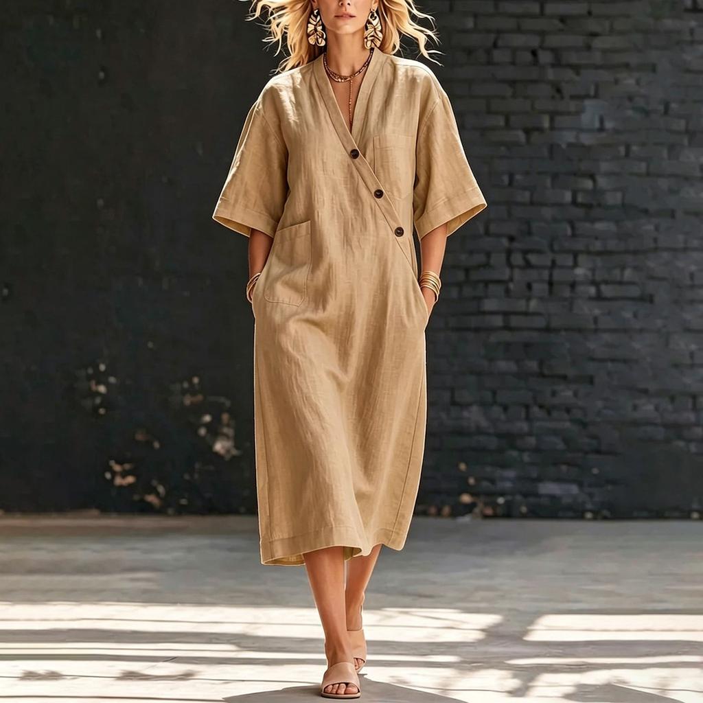 Women’s Loose Fit Linen Midi Dress V Neck Short Sleeve Button Front Casual Oversized Dress with Pockets for Everyday Wear