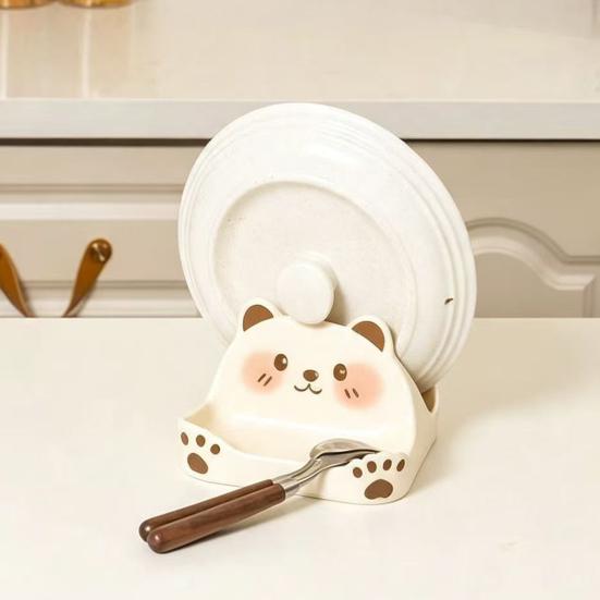 Decorative Kitchen Counter Organizer Cute Bear Pot Lid Holder for Countertop, Multipurpose ABS Plastic Spatula Spoon Rest, Easy Clean Cooking Utensils