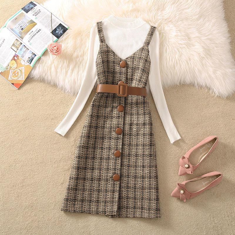 Women's 2023 Retro Wool Plaid Sweater Dress Suit: Trendy Autumn/Winter Two-Piece Set