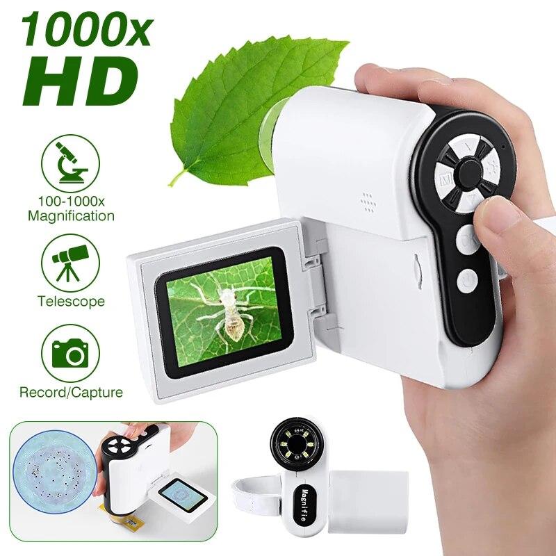 

Ручной детский микроскоп 1000X с регулируемой светодиодной подсветкой, ЖК-экраном с 6 регулируемой яркостью, мини-микроскоп для подарка ребенку Only Camera белый