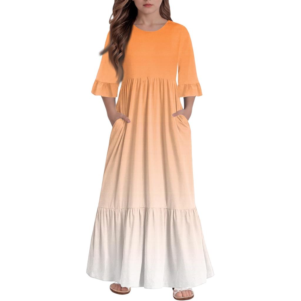 Girls' Tiered Ruffle Dress - 3/4 Sleeve Pocket Maxi With Pockets