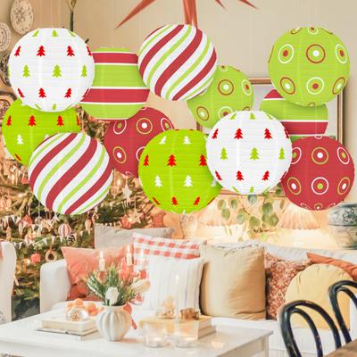 Red And Green Paper Lantern 12 Inches Christmas Hanging Round Lantern for Indoor Outdoor Holiday Ceiling Decor