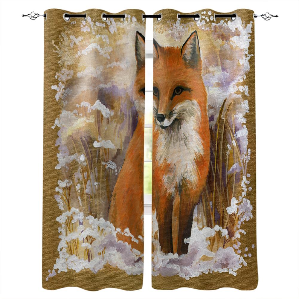 Illustration Cherry Blossom Fox Window Curtains Bedroom Kitchen Drapes Panel Curtains for Living Room Christmas Home Decor