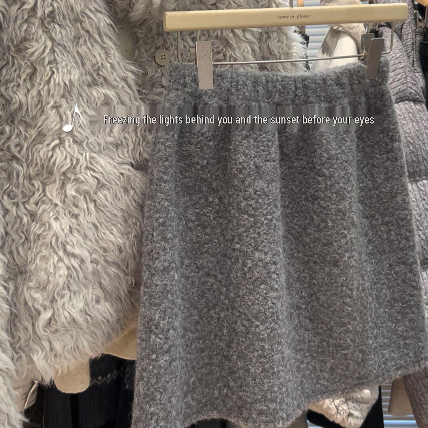 

Grey Wool Loop Yarn A-Line Winter Skirt - Slimming Petite Women s Fashion Short Skirt L серый
