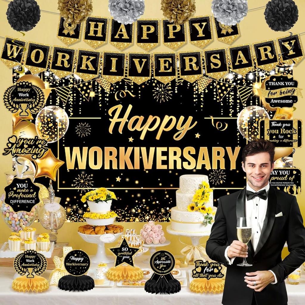 Happy Work Anniversary Decorations Black Gold Happy Workiversary Banner Honeycomb Centerpieces Hanging Swirls Tissue Paper Pompoms Sash Set for