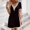 Women Summer Short Sleeve Lacework V Neck Solid Color One Piece Dress
