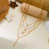 Trendy Simple Elegant Gold Tone Layered Necklace for Women Faux Pearl Starfish Shell Pendants Versatile Summer Jewelry Gift