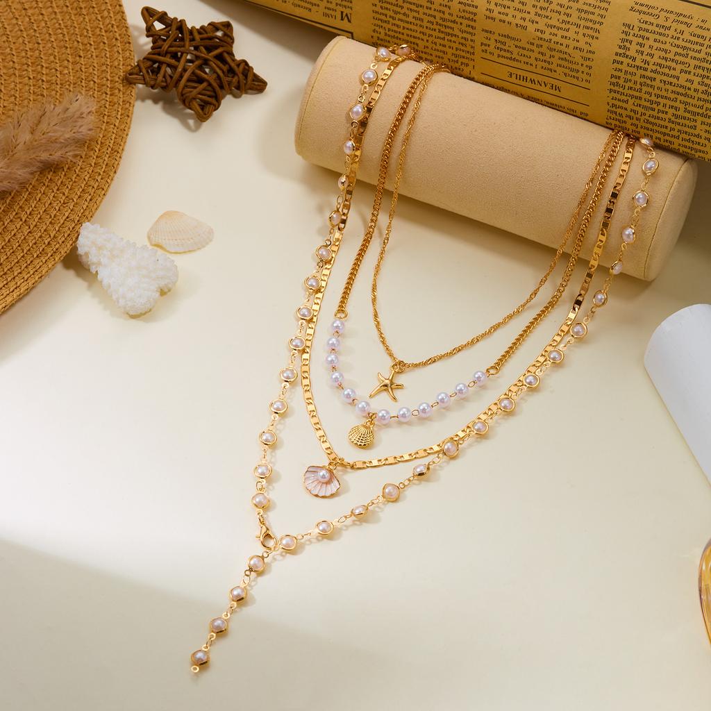 Trendy Simple Elegant Gold Tone Layered Necklace for Women Faux Pearl Starfish Shell Pendants Versatile Summer Jewelry Gift