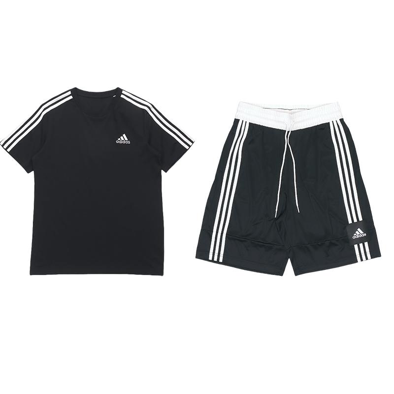 

Adidas свитер с круглым вырезом и короткими рукавами, полосатые шорты на шнурке, повседневный спортивный комплект, комплекты унисекс, черный GL3732+FT5879 2XL