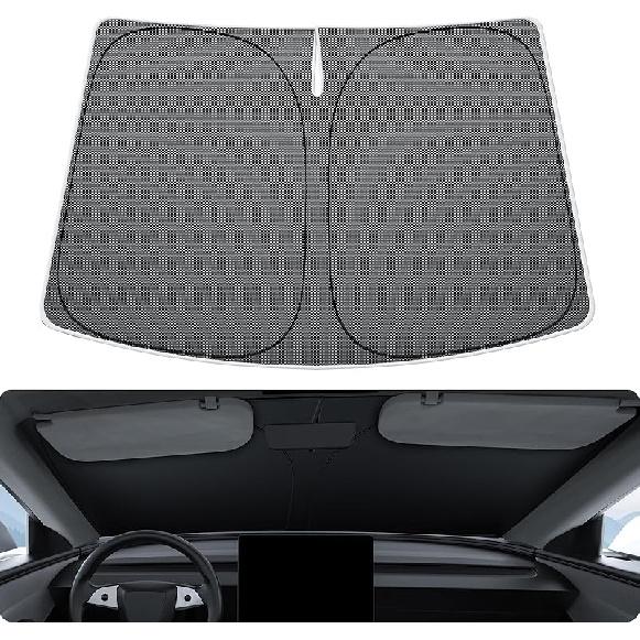 BASENOR 2017-2026 Tesla Model Y Model 3 Windshield Sunshade, Folding Front Window Sun Shade Full Cover, Heat UV Protection Visor Accessories