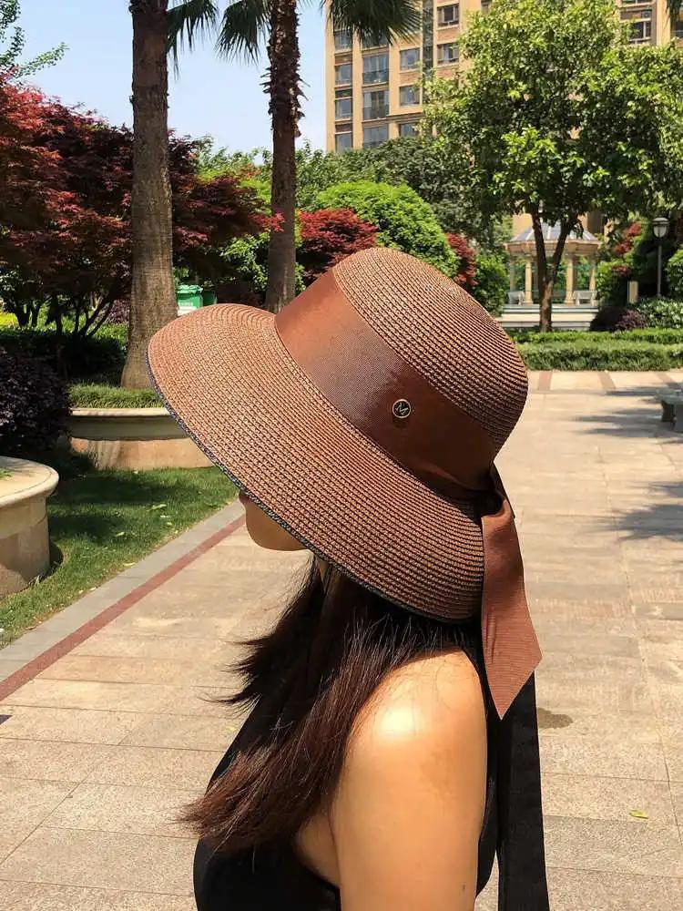 Women's French Retro Straw Sun Hat with Bow Detail - Hepburn Style Elegant Wide Brim UPF 50+ Sun Protection for Beach Vacation