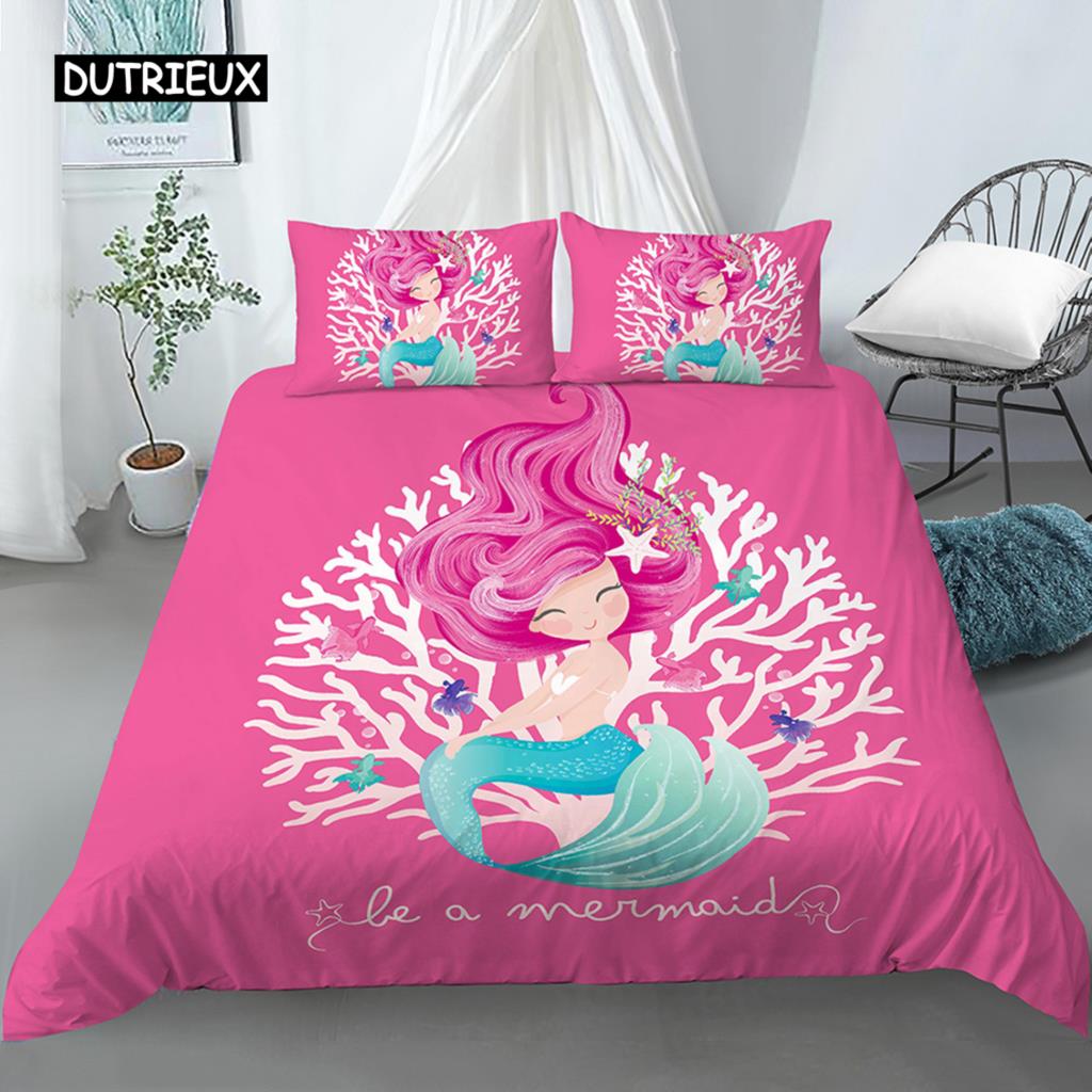 Rosa Bettwäscheset Meerjungfrau Einhorn Bettbezug Set Cartoon Tier Mädchen Prinzessin Bettbezug Full Size für Kinder Geschenke Deko