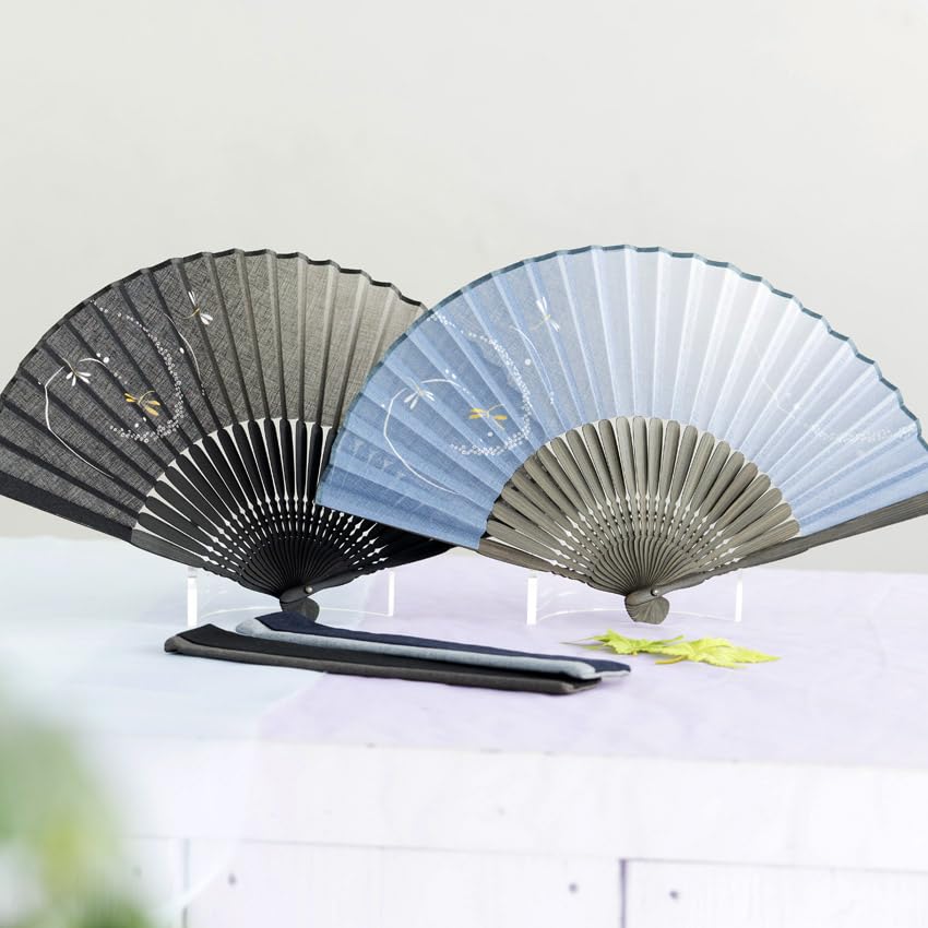 Stylish Business Fan with Fan Bag and Handkerchief Mai Tonbo [Osaka Choseido] Men's Set, (Black)