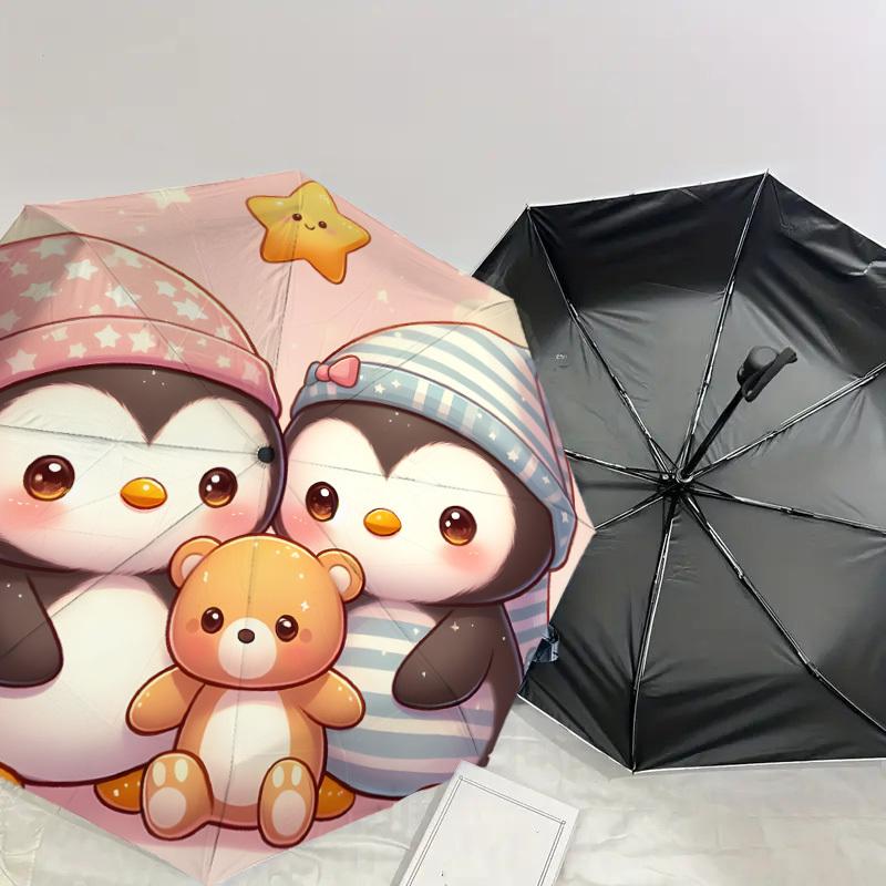 1pc Penguin Family with Teddy Bear Umbrella with Plastic Handle,Suitable for All Seasons Home Travel Outdoor UmbrellaDD1030