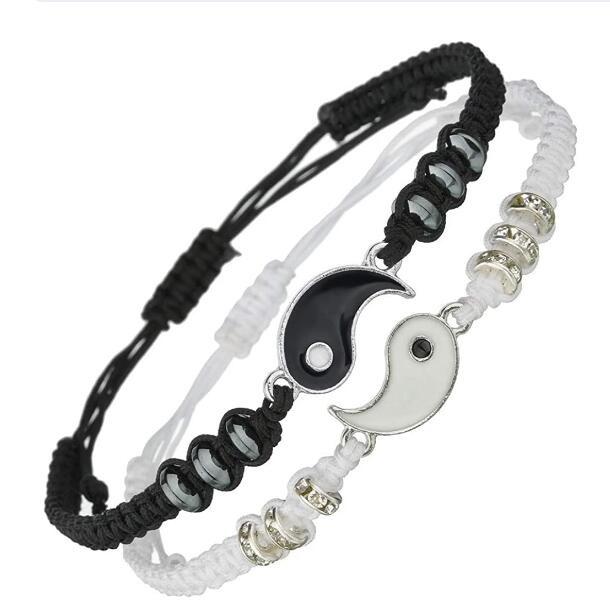 Brățări de cuplu Tai Chi Yin Yang Pandantiv din aliaj Brățară cu lanț din împletitură reglabilă Brățări pentru iubitori