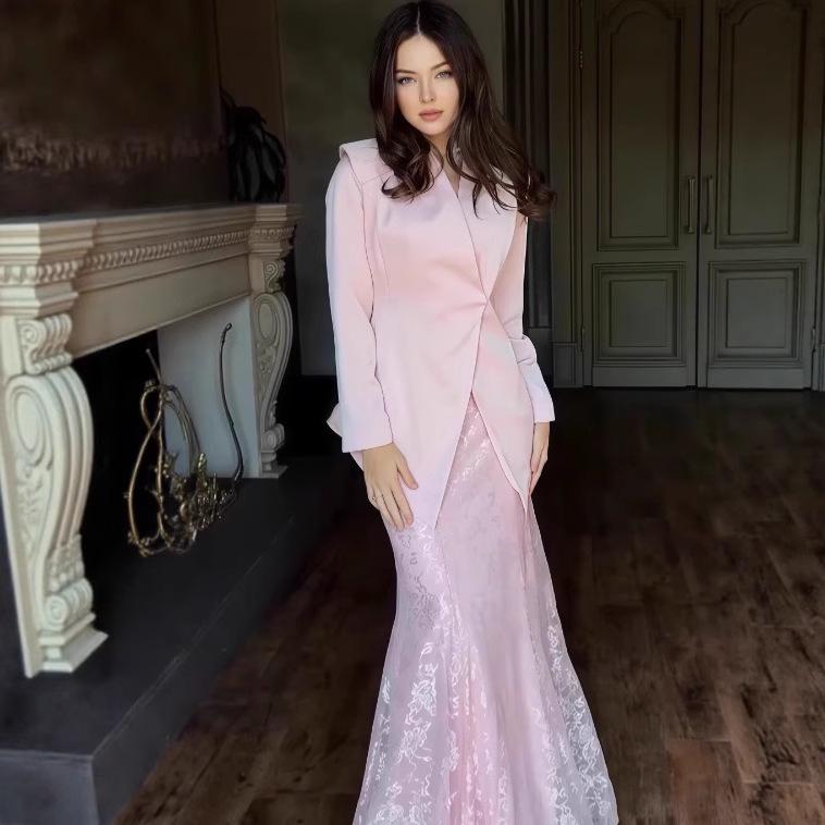 2025 Elegant European & American Summer Fashion Print Top + Midi Skirt Set