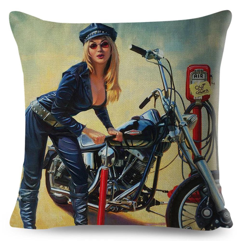 Vintage Sexy Motorrad Lady Kissenbezug Dekor Ölgemälde Cartoon Frauen Kissenbezug für Sofa Auto Polyester Kissenbezug 45x45