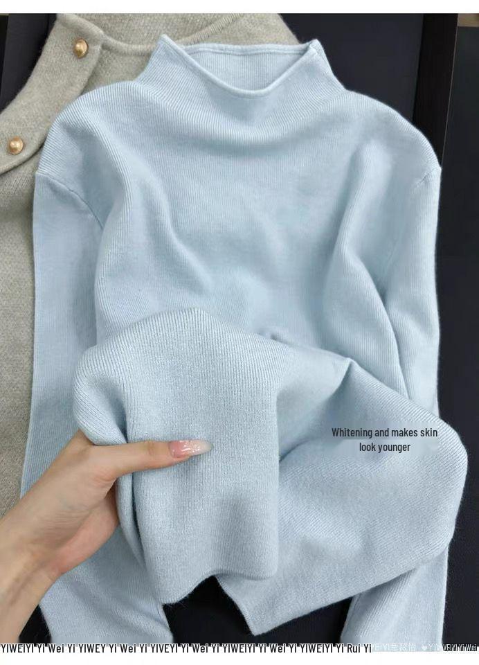 Women's Milky Yellow Slim-Fit Knit Sweater - Semi-High Neck, Soft, Autumn/Winter Base Layer, Straight Shoulder Design