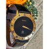 Used Operational GUCCI Quartz 3001M Men's Watch Black Dial Roman Index Leather Strap Gold Vintage