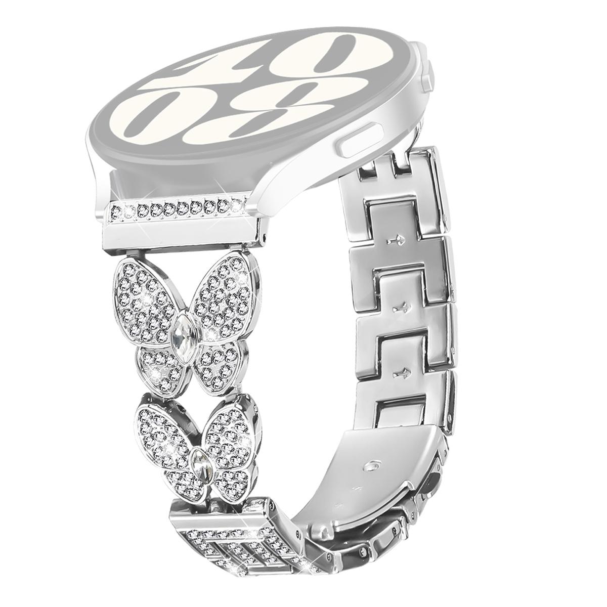 

For Huawei Watch GT 3 46mm Watch Band Butterfly Rhinestones Decor Silver Alloy Metal Strap As shown A