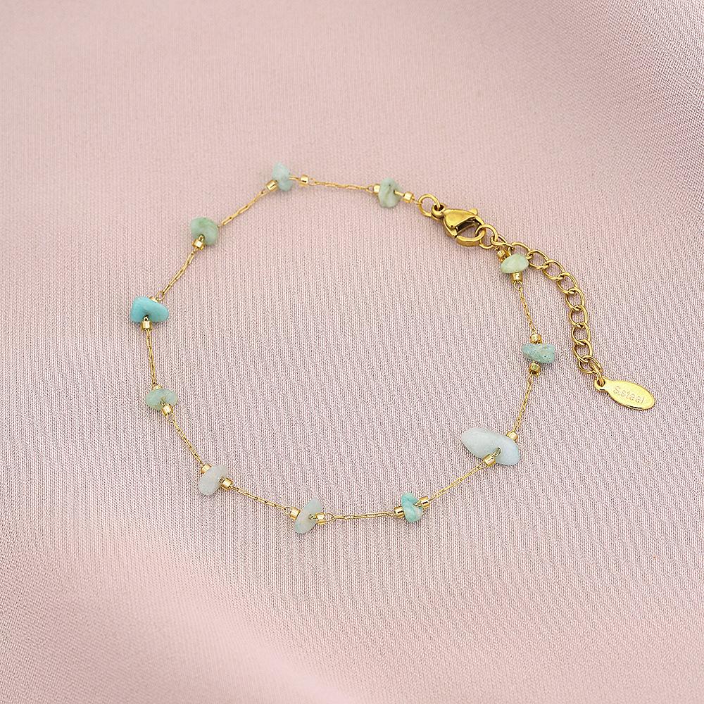 New Arrival Delicate Tarnish Free Titanium Steel Healing Rose Quartz Gravel Charm Thin Bracelet Summer Girl Crystal Jewelry